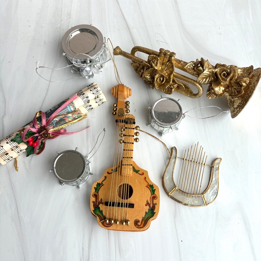 Vintage Musical Instrument Christmas Ornaments Silvestri Lute Trumpet Lyre Drums